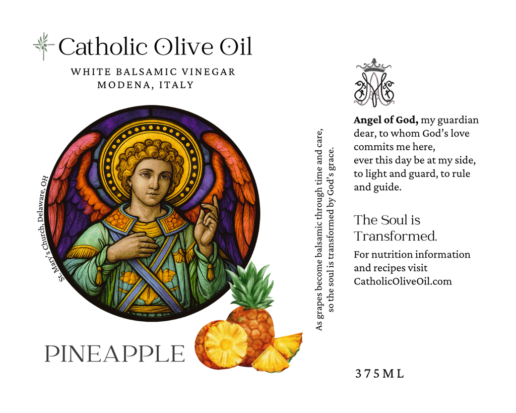 Catholic Olive Oil packaging with an angel illustration and pineapple graphics on a white background.