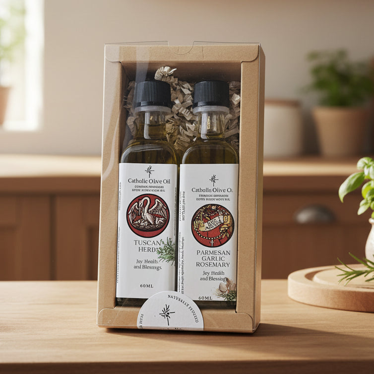 Two bottles of olive oil in a cardboard box against a textured wall.