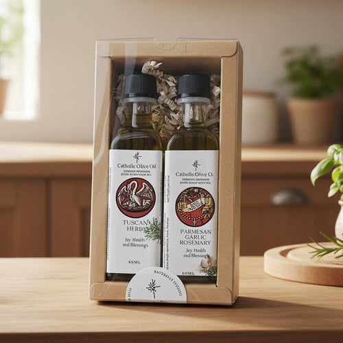 Two bottles of olive oil in a cardboard box against a textured wall.