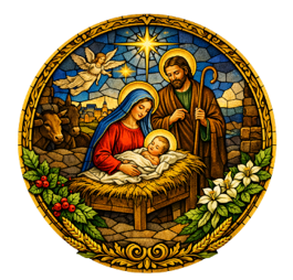 Catholic Olive Oil branding on a white background with a circular stained-glass-style Christmas nativity illustration and the text 'CHRISTMAS BLESSINGS' and 'Joy, Health and Blessings.'.