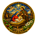 Catholic Olive Oil branding on a white background with a circular stained-glass-style Christmas nativity illustration and the text 'CHRISTMAS BLESSINGS' and 'Joy, Health and Blessings.'.