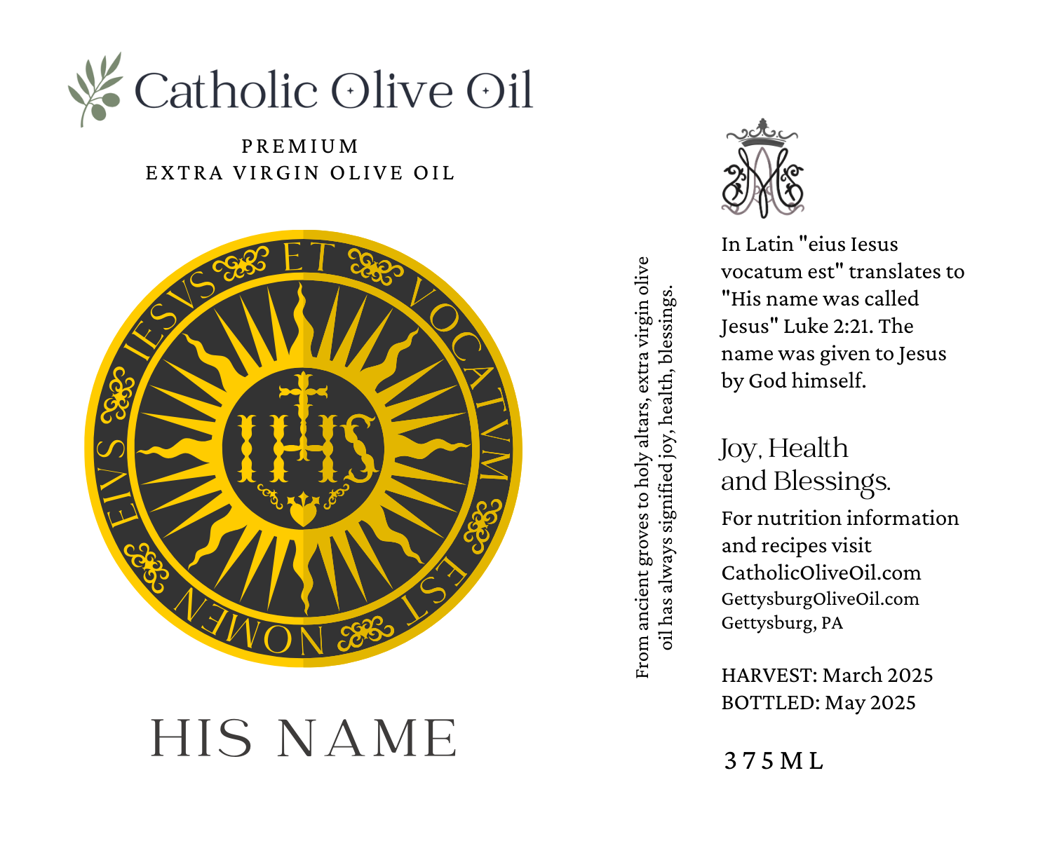 Holy Name Olive Oil Label
